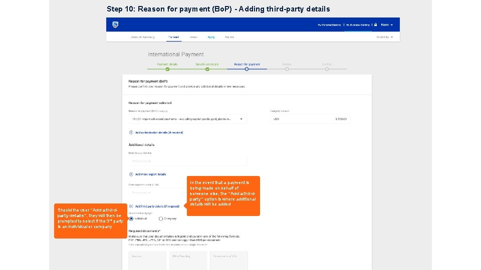Step 10: Reason for payment (Bo. P) - Adding third-party details In the event