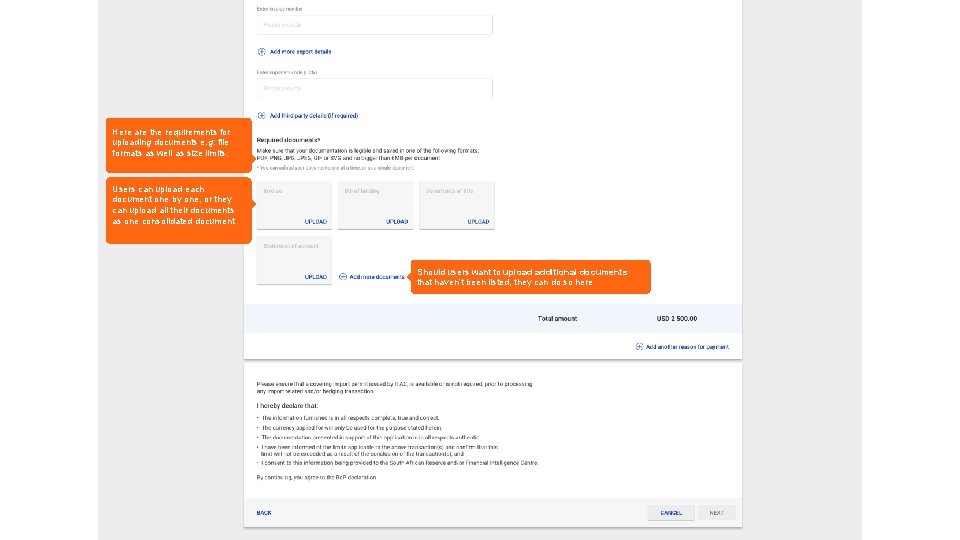 Here are the requirements for uploading documents e. g: file formats as well as