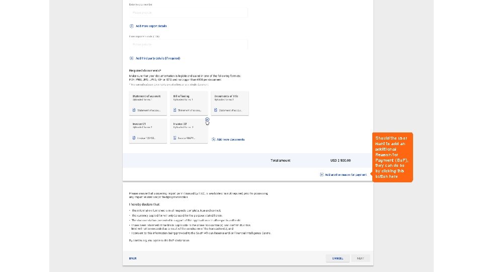 Should the user want to add an additional Reason for Payment (Bo. P), they