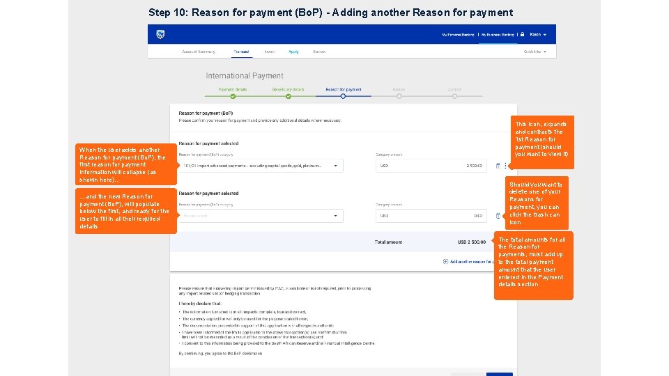 Step 10: Reason for payment (Bo. P) - Adding another Reason for payment When