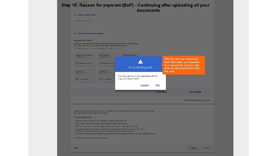 Step 10: Reason for payment (Bo. P) - Continuing after uploading all your documents