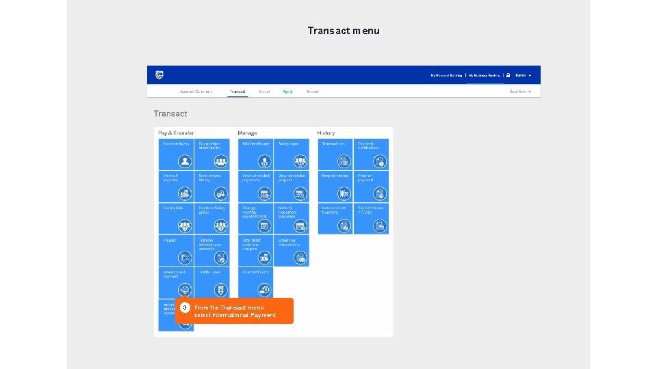 Transact menu 3 From the Transact menu select International Payment 3 