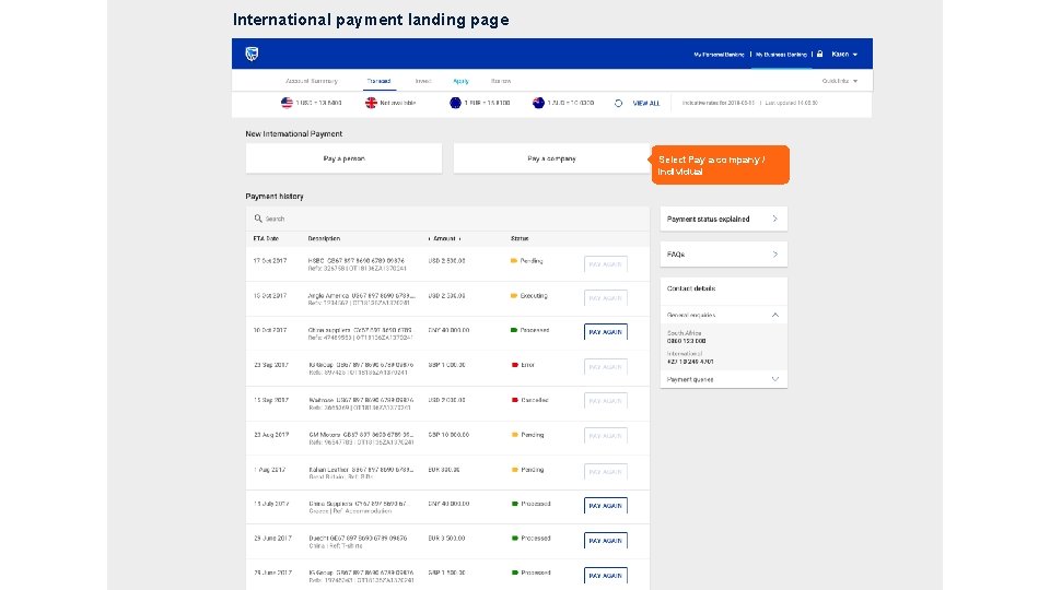 International payment landing page Select Pay a company / individual 