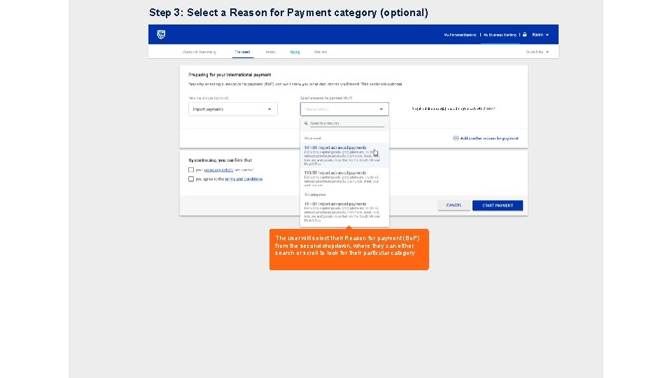 Step 3: Select a Reason for Payment category (optional) Required document(s) based on your