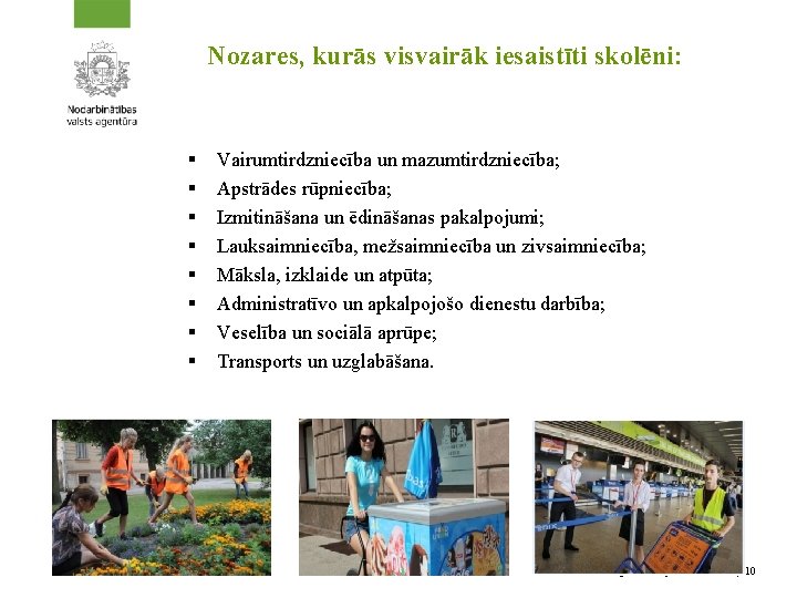 Nozares, kurās visvairāk iesaistīti skolēni: § § § § Vairumtirdzniecība un mazumtirdzniecība; Apstrādes rūpniecība;