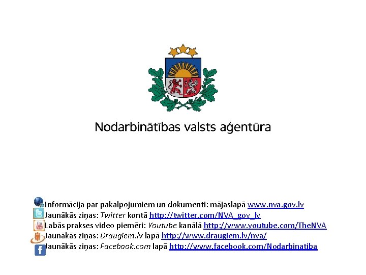 Informācija par pakalpojumiem un dokumenti: mājaslapā www. nva. gov. lv Jaunākās ziņas: Twitter kontā
