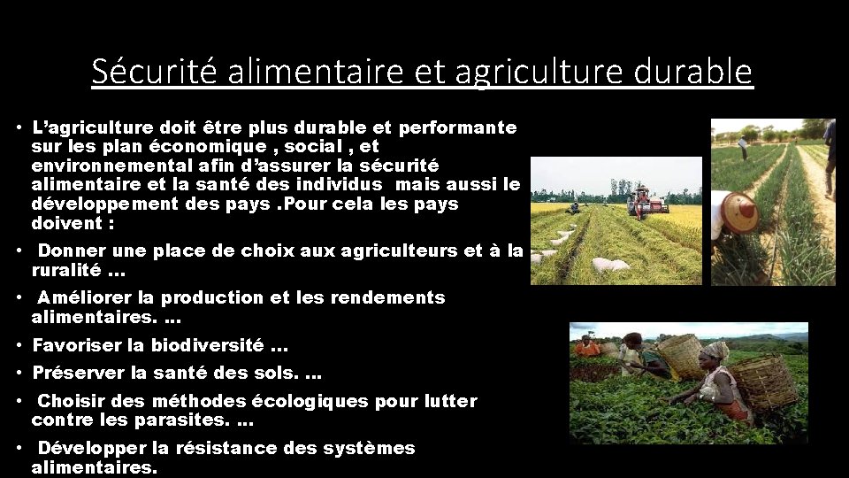 Sécurité alimentaire et agriculture durable • L’agriculture doit être plus durable et performante sur