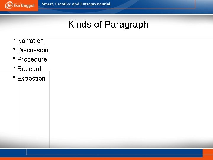 Kinds of Paragraph * Narration * Discussion * Procedure * Recount * Expostion 