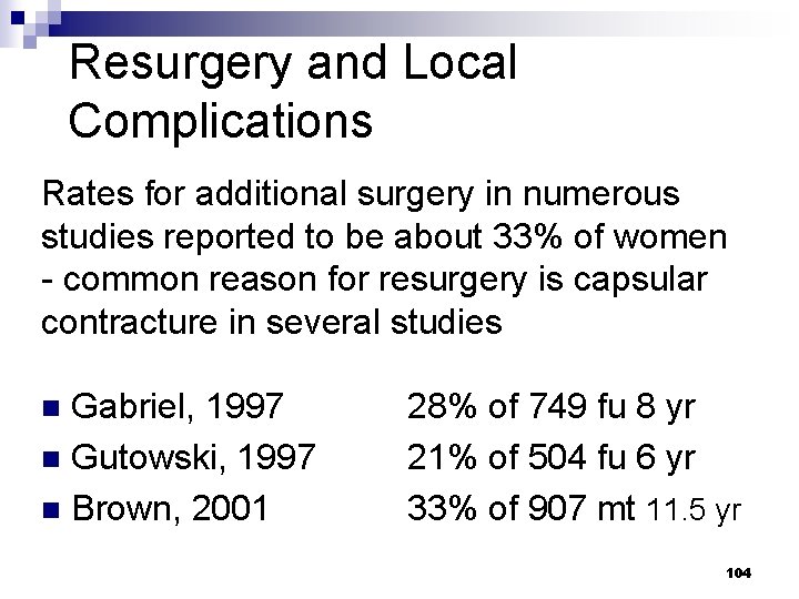 Resurgery and Local Complications Rates for additional surgery in numerous studies reported to be