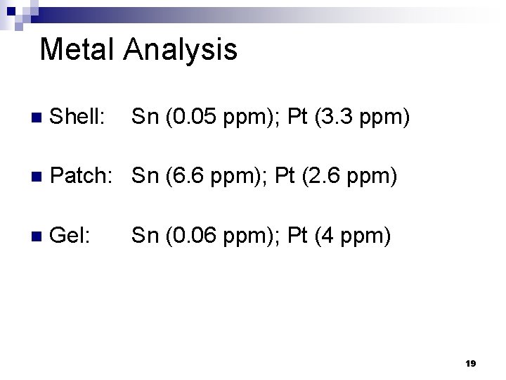 Metal Analysis n Shell: Sn (0. 05 ppm); Pt (3. 3 ppm) n Patch: