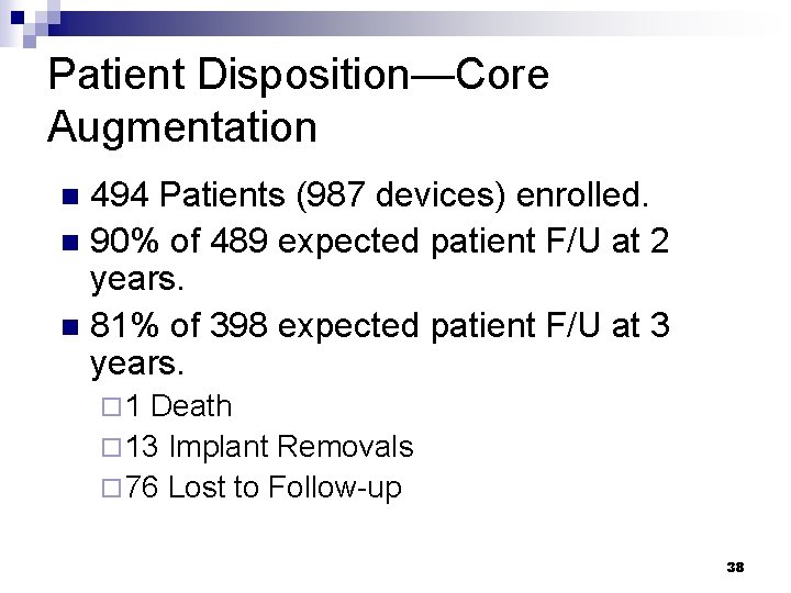 Patient Disposition—Core Augmentation 494 Patients (987 devices) enrolled. n 90% of 489 expected patient