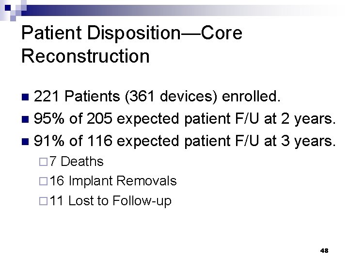 Patient Disposition—Core Reconstruction 221 Patients (361 devices) enrolled. n 95% of 205 expected patient
