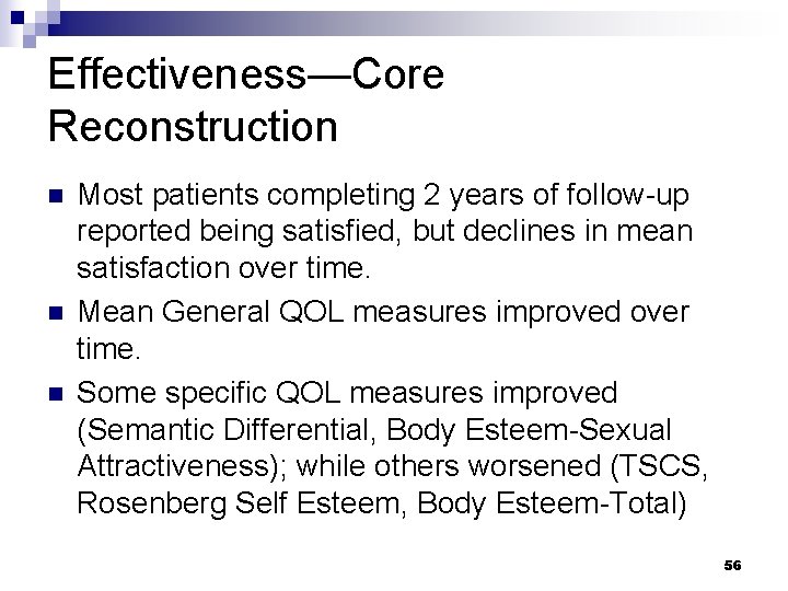 Effectiveness—Core Reconstruction n Most patients completing 2 years of follow-up reported being satisfied, but