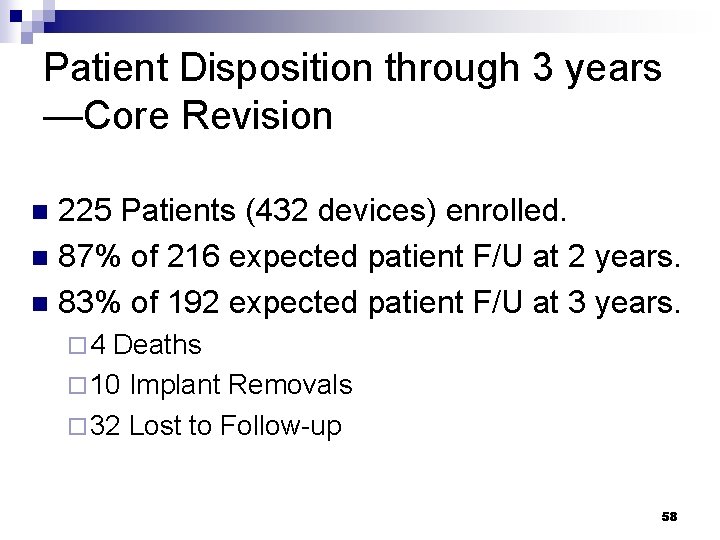 Patient Disposition through 3 years —Core Revision 225 Patients (432 devices) enrolled. n 87%