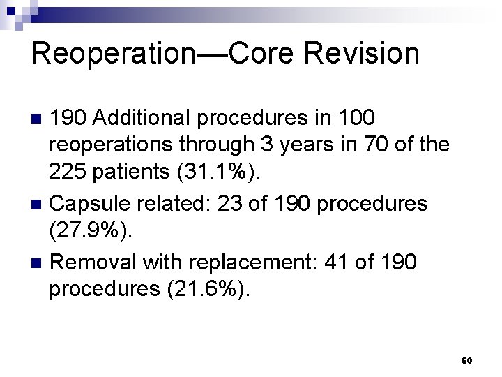 Reoperation—Core Revision 190 Additional procedures in 100 reoperations through 3 years in 70 of