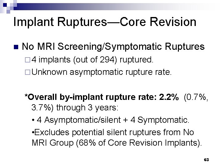Implant Ruptures—Core Revision n No MRI Screening/Symptomatic Ruptures ¨ 4 implants (out of 294)