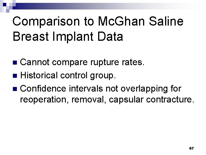 Comparison to Mc. Ghan Saline Breast Implant Data Cannot compare rupture rates. n Historical