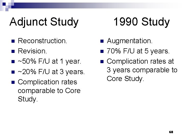 Adjunct Study n n n Reconstruction. Revision. ~50% F/U at 1 year. ~20% F/U