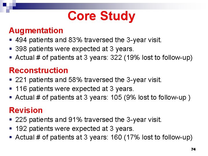 Core Study Augmentation § 494 patients and 83% traversed the 3 -year visit. §