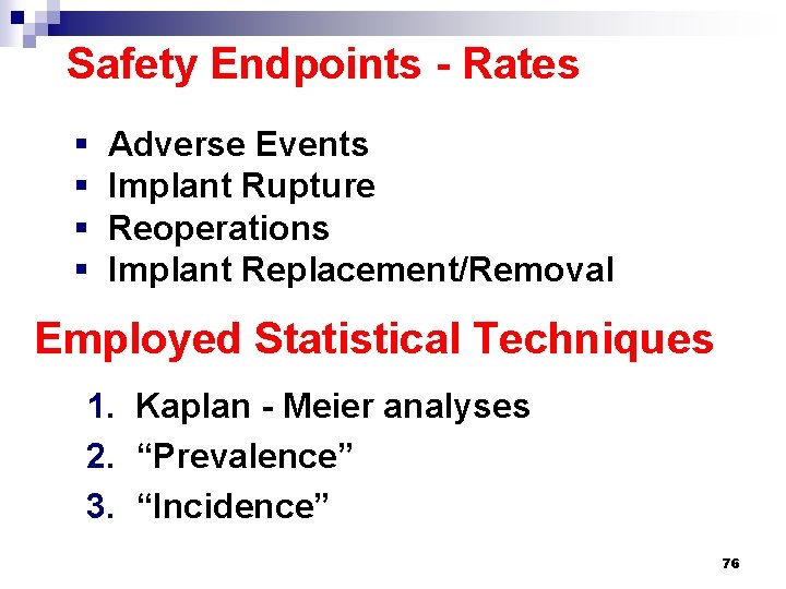 Safety Endpoints - Rates § § Adverse Events Implant Rupture Reoperations Implant Replacement/Removal Employed