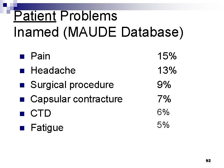 Patient Problems Inamed (MAUDE Database) n n n Pain Headache Surgical procedure Capsular contracture