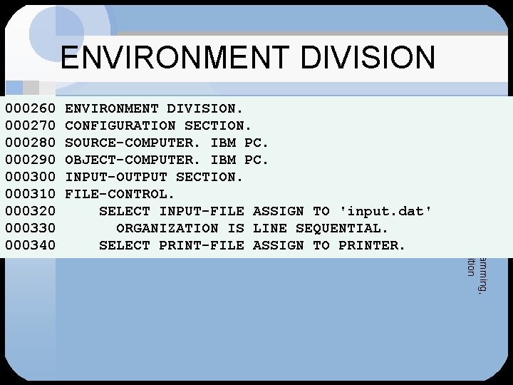 ENVIRONMENT DIVISION. CONFIGURATION SECTION. SOURCE-COMPUTER. IBM PC. OBJECT-COMPUTER. IBM PC. INPUT-OUTPUT SECTION. FILE-CONTROL. SELECT