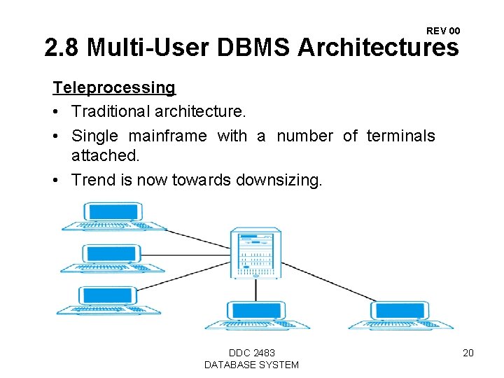 REV 00 2. 8 Multi-User DBMS Architectures Teleprocessing • Traditional architecture. • Single mainframe