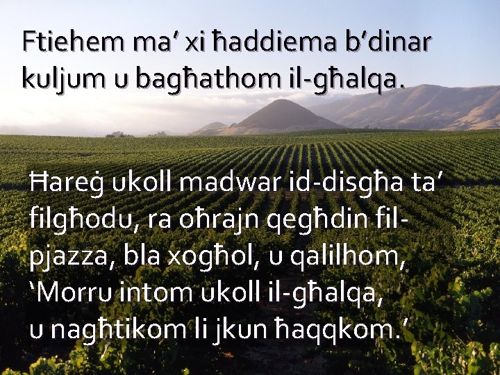 Ftiehem ma’ xi ħaddiema b’dinar kuljum u bagħathom il-għalqa. Ħareġ ukoll madwar id-disgħa ta’