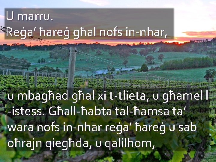 U marru. Reġa’ ħareġ għal nofs in-nhar, u mbagħad għal xi t-tlieta, u għamel
