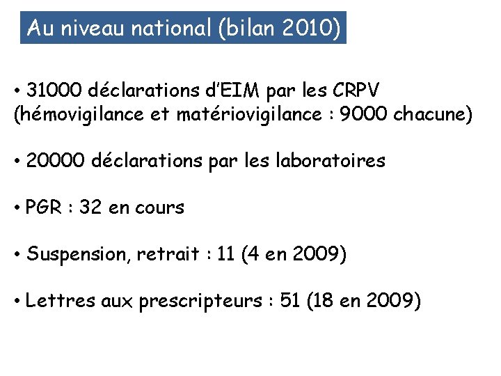 Au niveau national (bilan 2010) • 31000 déclarations d’EIM par les CRPV (hémovigilance et