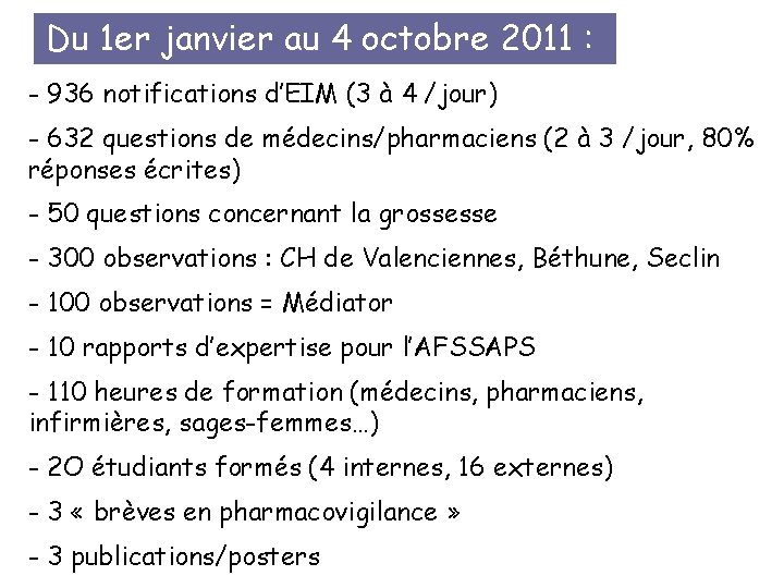 Du 1 er janvier au 4 octobre 2011 : - 936 notifications d’EIM (3