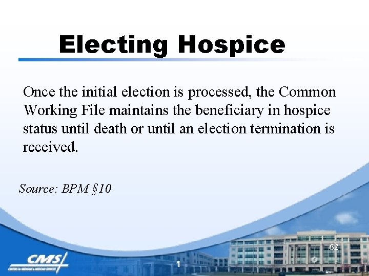 Electing Hospice Once the initial election is processed, the Common Working File maintains the