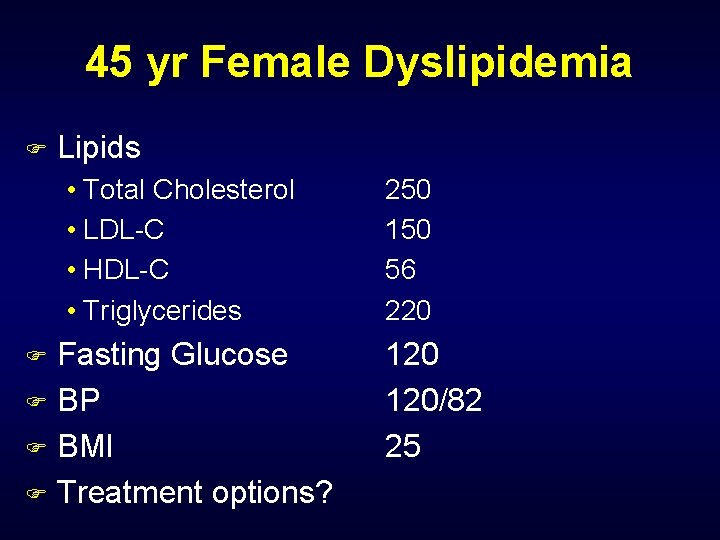 45 yr Female Dyslipidemia F Lipids • Total Cholesterol • LDL-C • HDL-C •