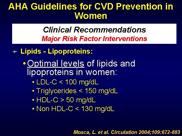 AHA Guidelines for CVD Prevention in Women Clinical Recommendations Major Risk Factor Interventions F