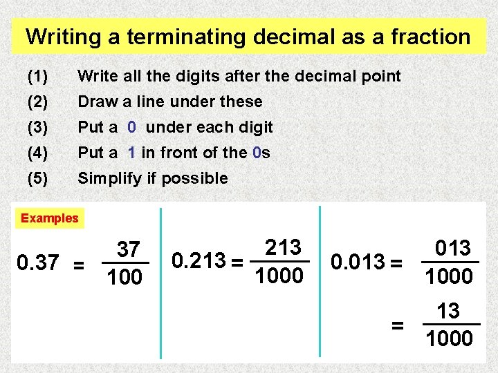 Writing a terminating decimal as a fraction (1) Write all the digits after the