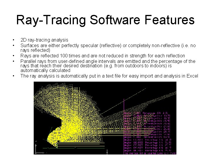 Ray-Tracing Software Features • • • 2 D ray-tracing analysis Surfaces are either perfectly