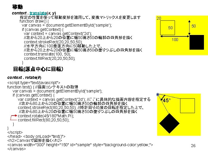 移動 context. translate(x, y) 指定の性質を使って移動変形を適用して、変換マトリックスを変更します function draw() { var canvas = document. get. Element.