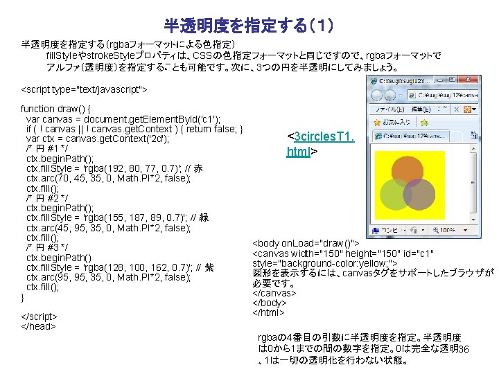 半透明度を指定する（１） 半透明度を指定する（rgbaフォーマットによる色指定） fill. Styleやstroke. Styleプロパティは、CSSの色指定フォーマットと同じですので、rgbaフォーマットで アルファ（透明度）を指定することも可能です。次に、3つの円を半透明にしてみましょう。 <script type="text/javascript"> function draw() { var canvas =