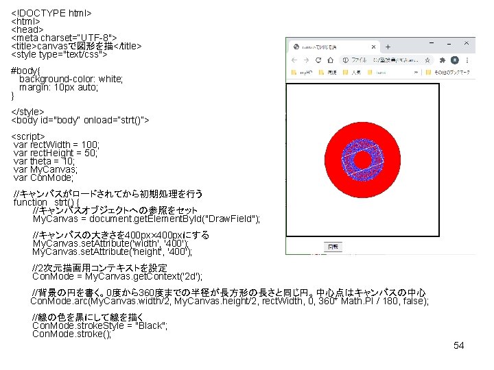 <!DOCTYPE html> <head> <meta charset=“UTF-8"> <title>canvasで図形を描</title> <style type="text/css"> #body{ background-color: white; margin: 10 px