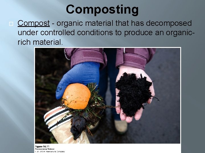 Composting Compost - organic material that has decomposed under controlled conditions to produce an