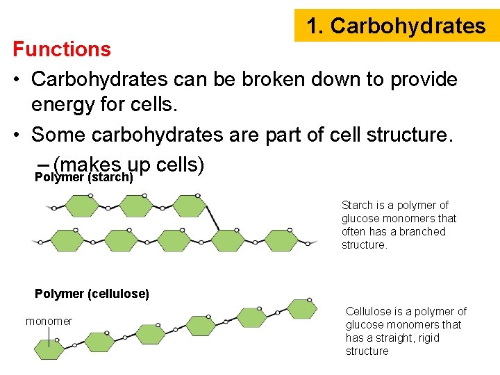 1. Carbohydrates Functions • Carbohydrates can be broken down to provide energy for cells.