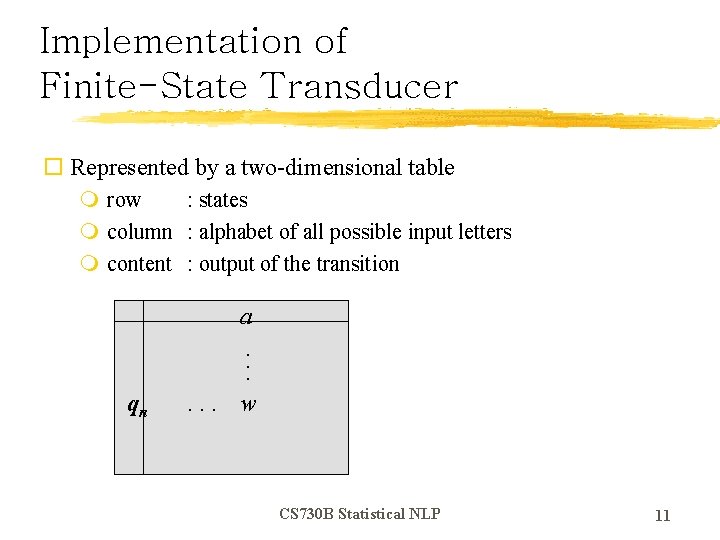 Implementation of Finite-State Transducer o Represented by a two-dimensional table m row : states