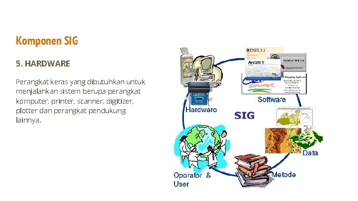 Komponen SIG 5. HARDWARE Perangkat keras yang dibutuhkan untuk menjalankan sistem berupa perangkat komputer,