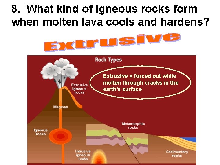 8. What kind of igneous rocks form when molten lava cools and hardens? Extrusive