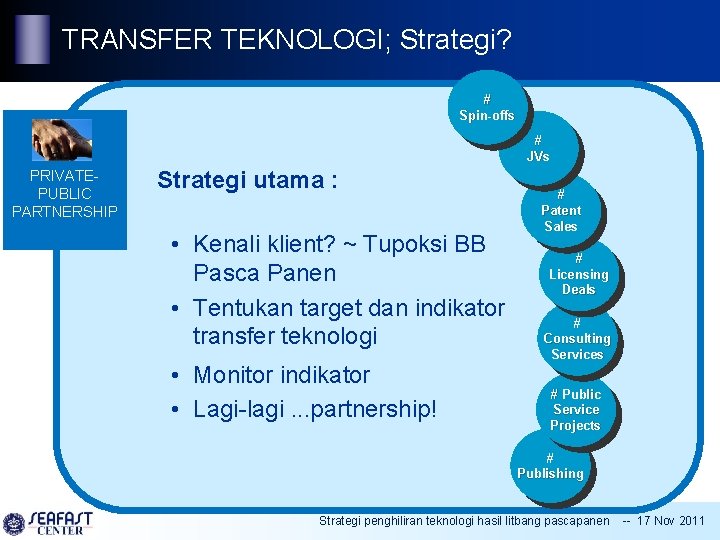 TRANSFER TEKNOLOGI; Strategi? # Spin-offs # JVs PRIVATEPUBLIC PARTNERSHIP Strategi utama : • Kenali