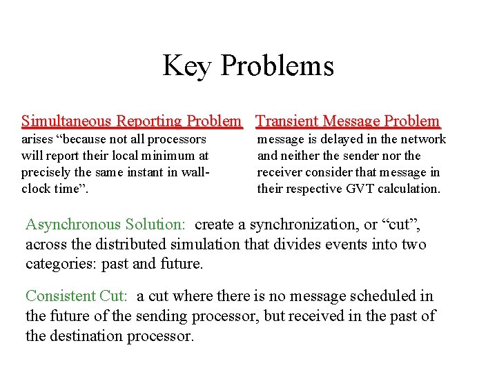 Key Problems Simultaneous Reporting Problem Transient Message Problem arises “because not all processors will Key Problems Simultaneous Reporting Problem Transient Message Problem arises “because not all processors will