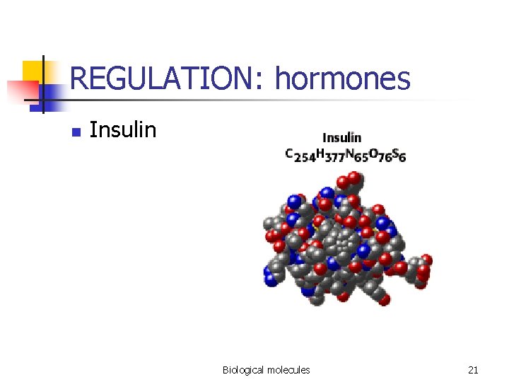REGULATION: hormones n Insulin Biological molecules 21 