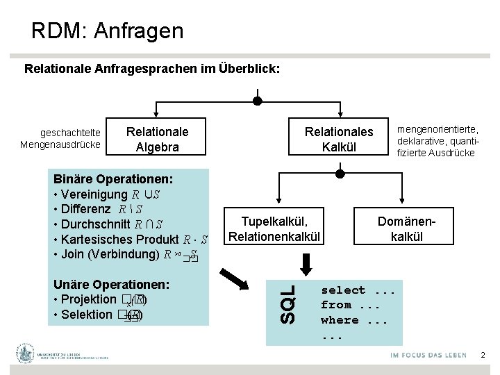 RDM: Anfragen Relationale Anfragesprachen im Überblick: Relationale Algebra Binäre Operationen: • Vereinigung R ∪