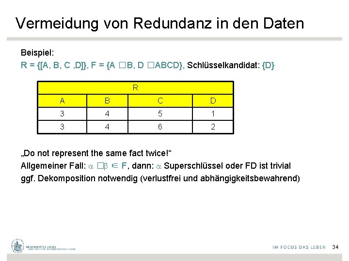 Vermeidung von Redundanz in den Daten Beispiel: R = {[A, B, C , D]},