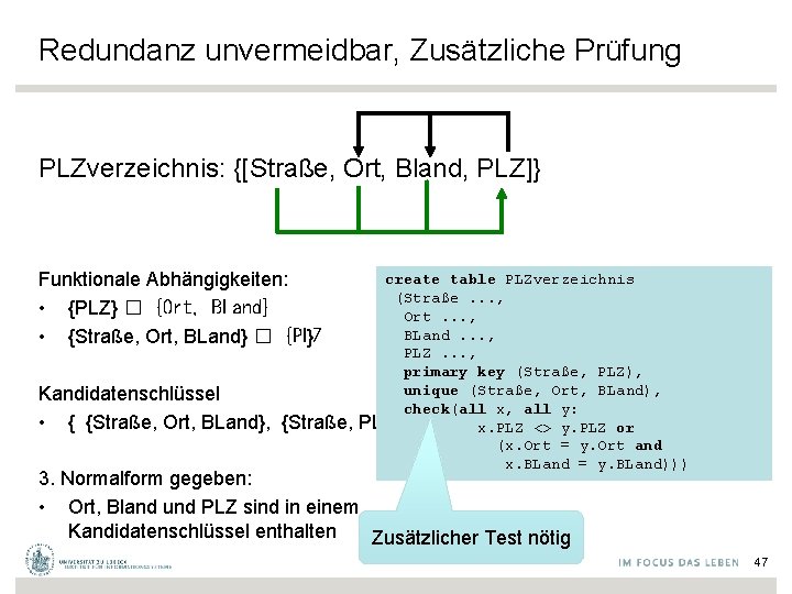 Redundanz unvermeidbar, Zusätzliche Prüfung PLZverzeichnis: {[Straße, Ort, Bland, PLZ]} Funktionale Abhängigkeiten: • {PLZ} �